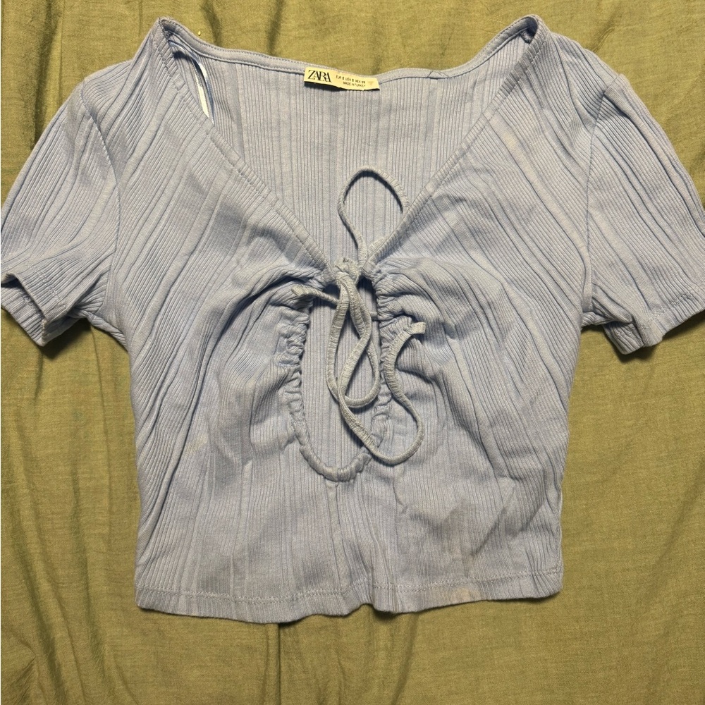 Zara Blue Ribbed Tie-Front Top
